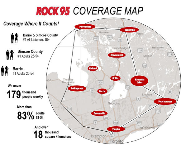 A map of Rock 95's coverage